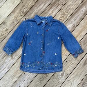 Northcrest Women's Vintage Blue Denim Floral Embroidered Top Size M